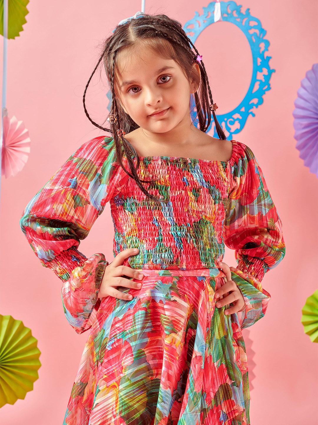 MASTARANG Girls Printed Square Neck Puff Sleeves Smocked Ready to Wear Lehenga & Blouse