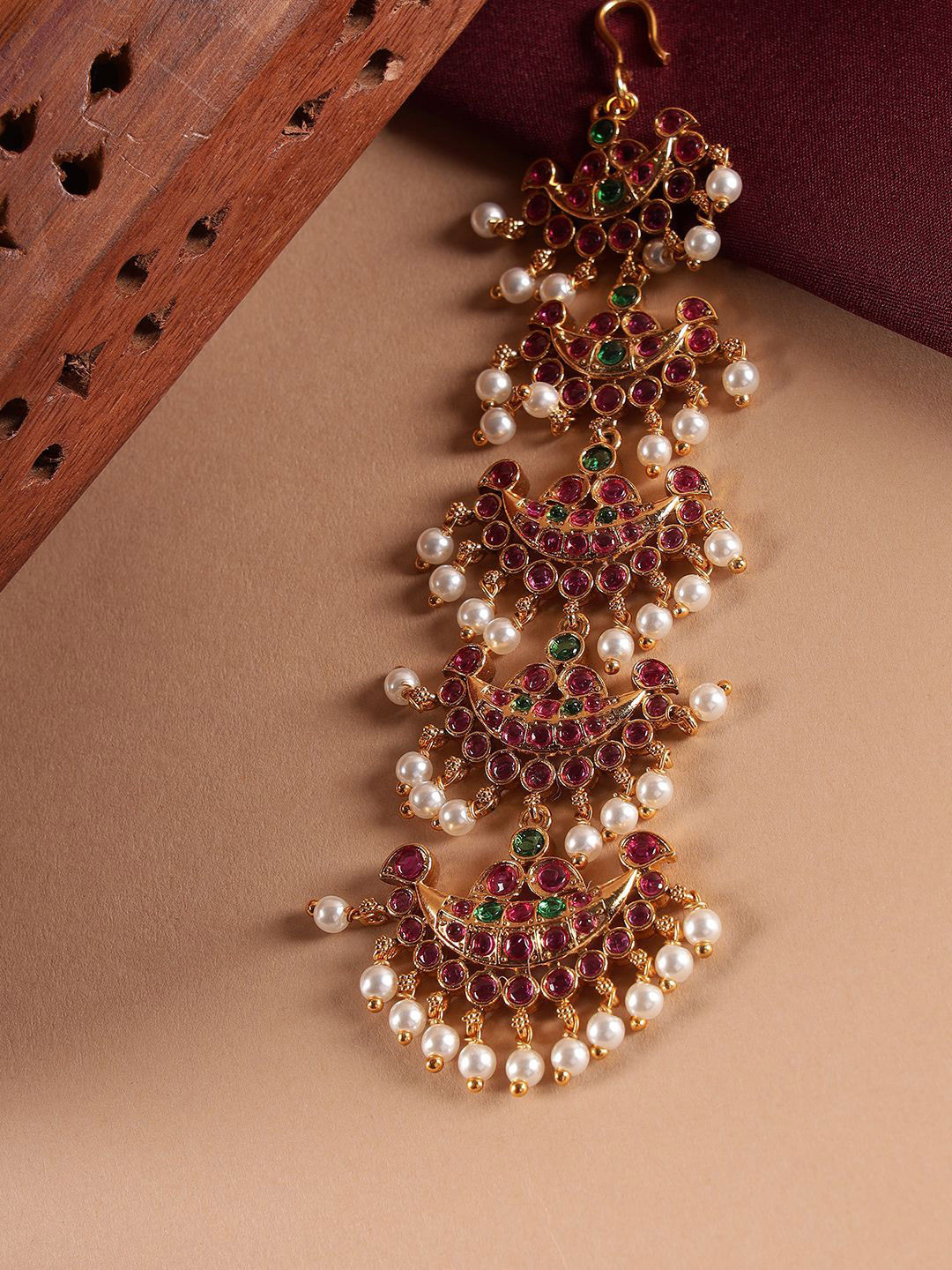 Kattam Gold-Plated Artificial Stones and Beads Studded Maang Tikka Head Jewellery