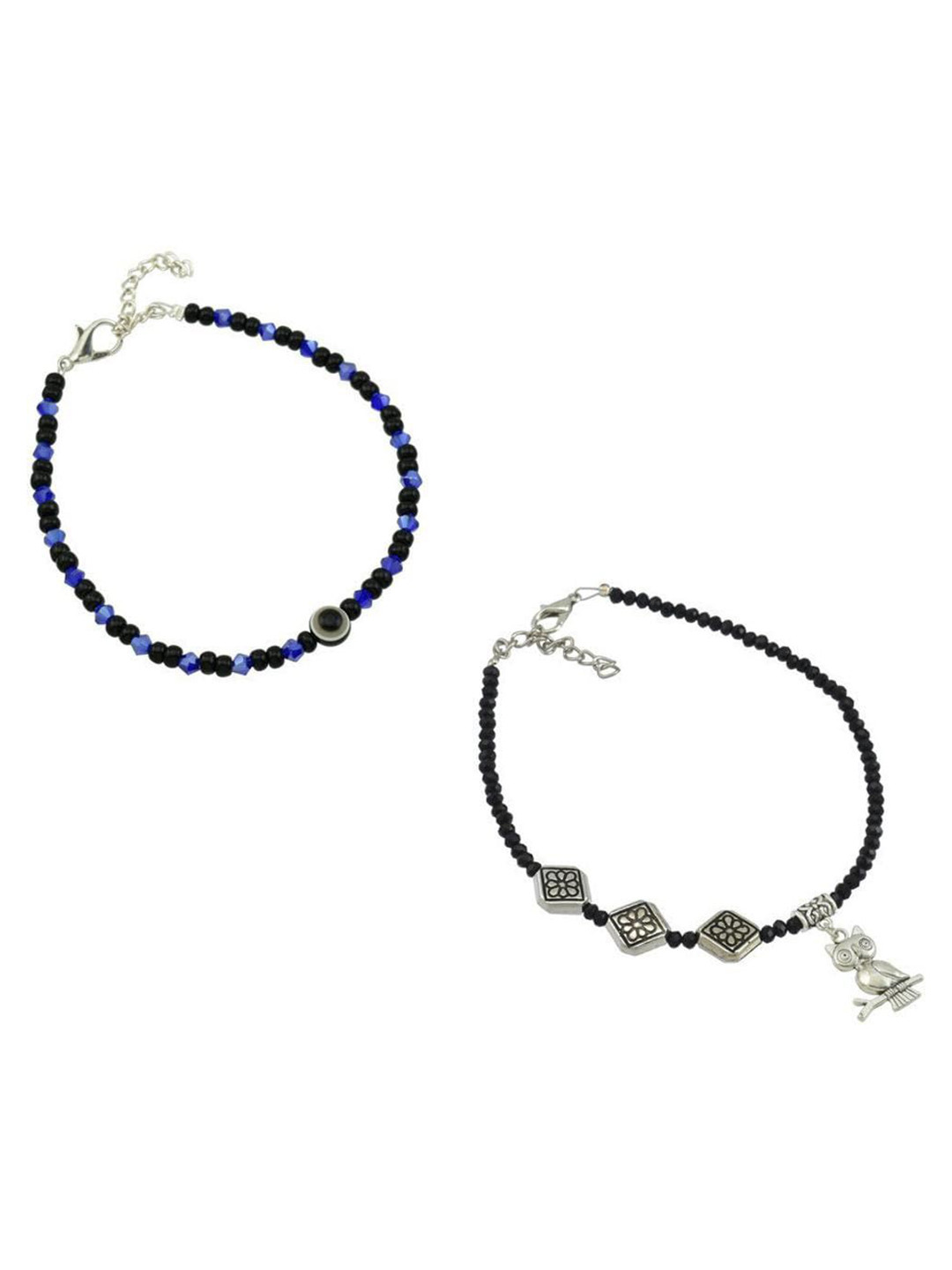 HIGH TRENDZ Set Of 2 Beaded Evil Eye & Floral Detail Anklets