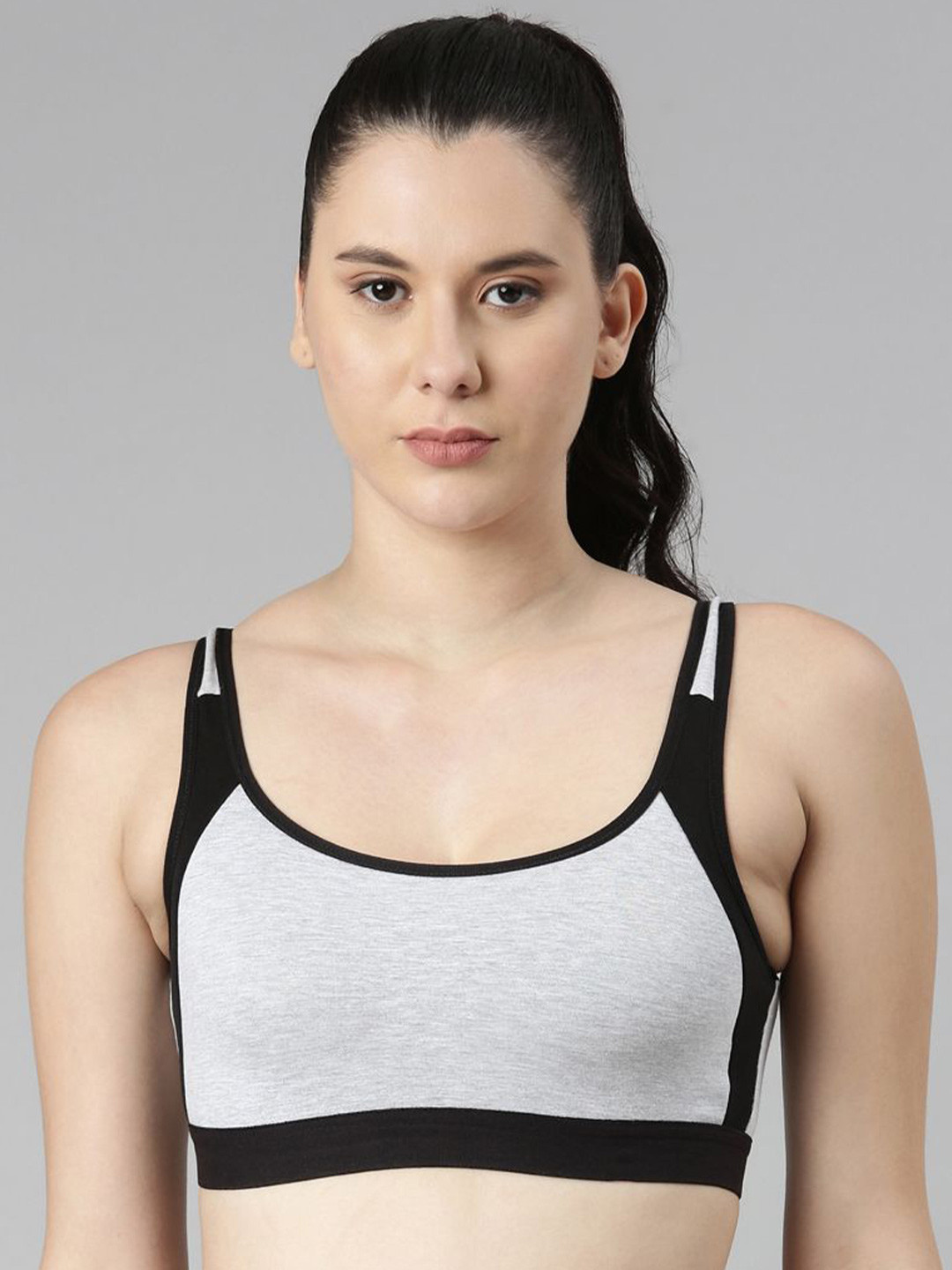 TWIN BIRDS Light Grey and Black Women Contrast Sports Bra