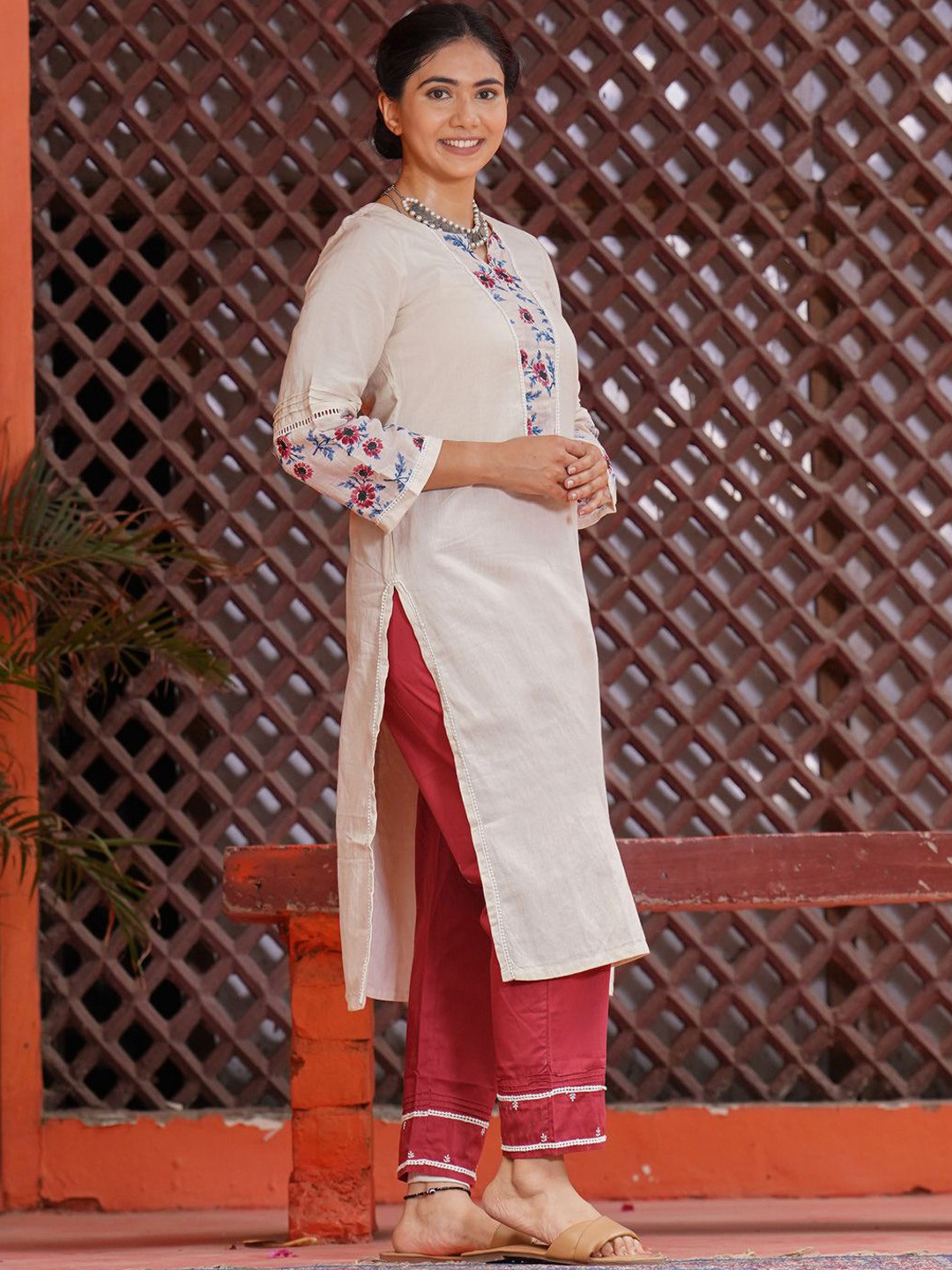 zuri Flora;l Printed Thread Work Pure Cotton Straight Kurta with Trousers & Dupatta