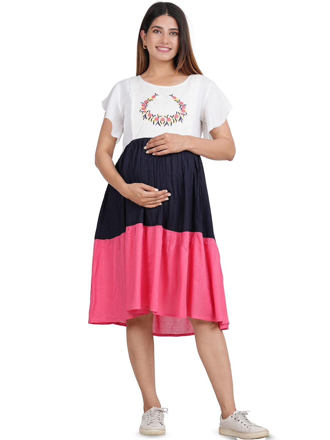 GMI Floral Embroidered Flared Sleeve Maternity Fit & Flare Midi Dress