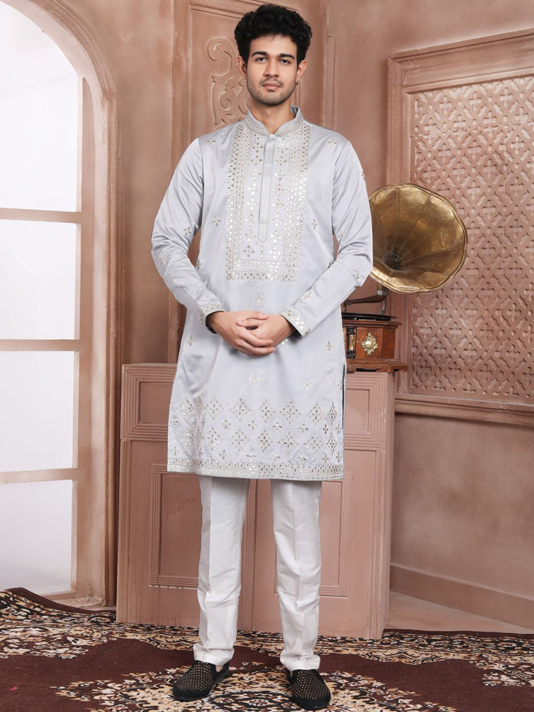 EVASTRO Geometric Embroidered Mirror Work Pure Cotton Straight Kurta with Pyjamas