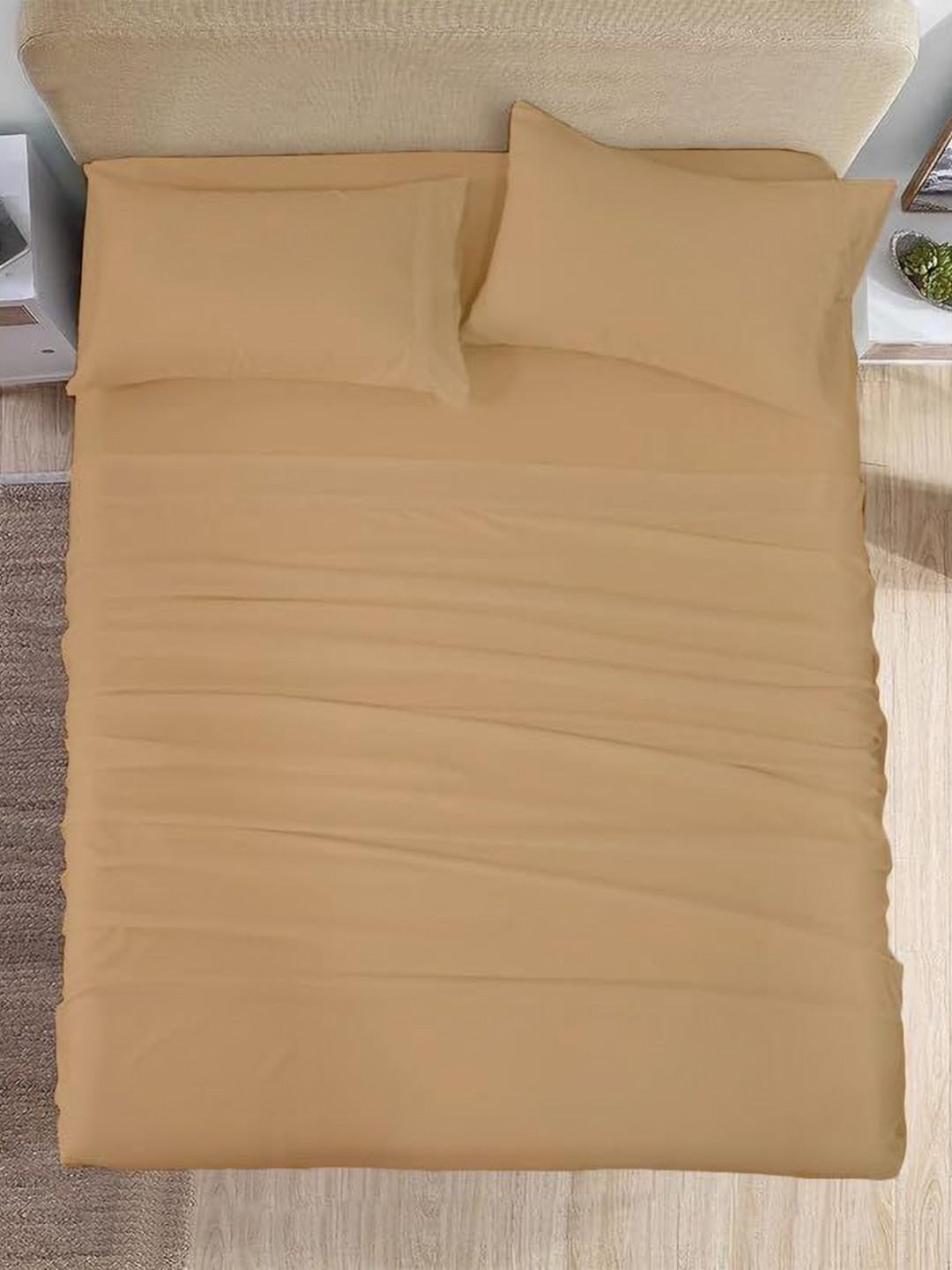 KASHILON Beige Cotton 300 TC Single Fine Bedsheet with 2 Pillow Covers-60 x 90 inches