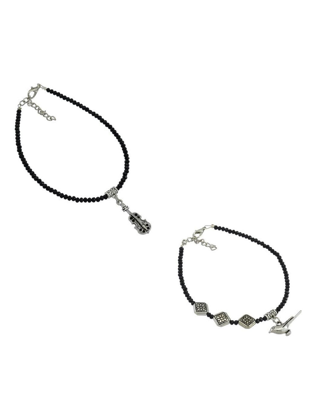 HIGH TRENDZ Set Of 2 Beaded Violin & Floral Detail Anklets
