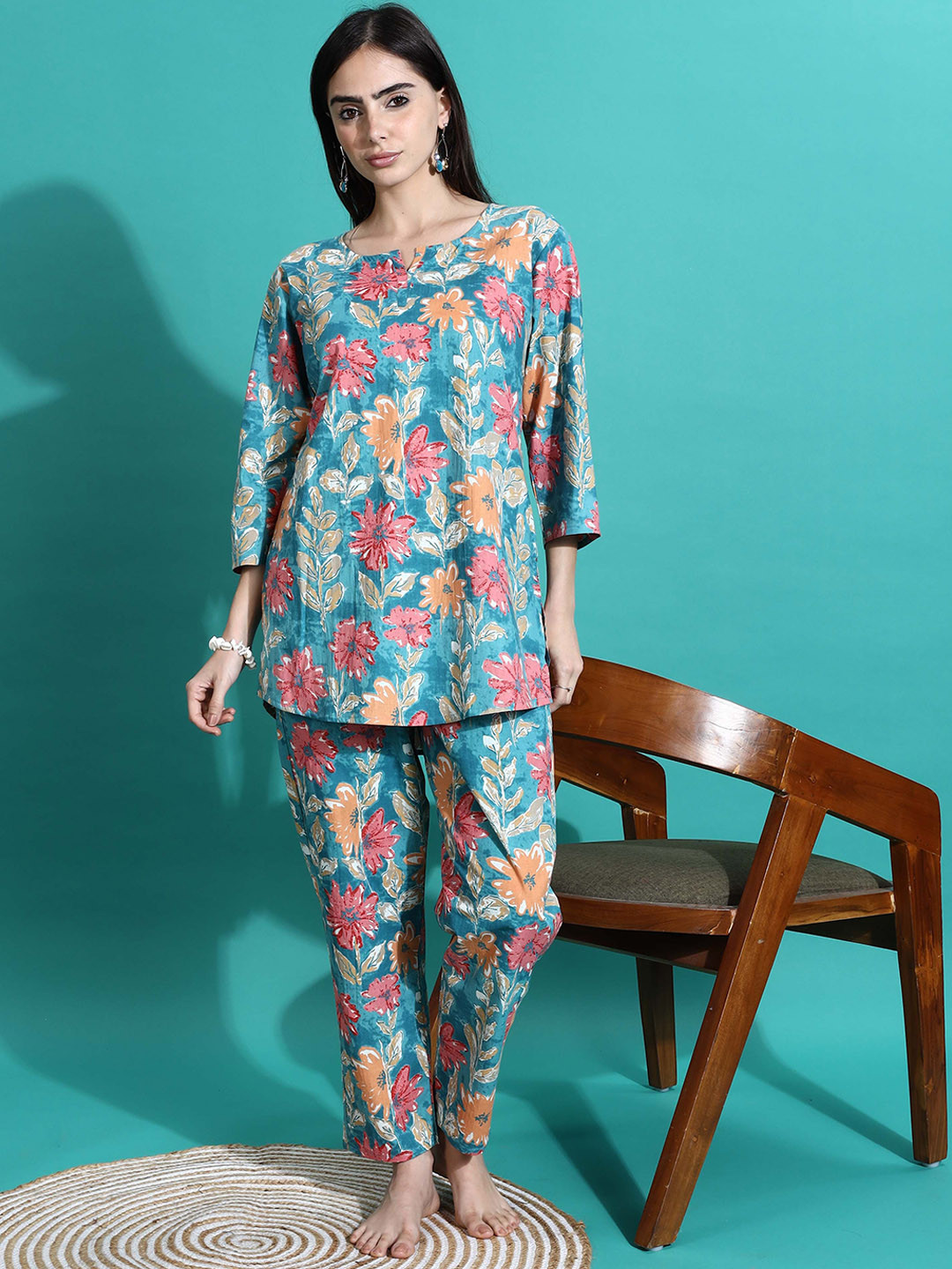 9shines Label Notch Neck Printed Pure Cotton Top With Trouser