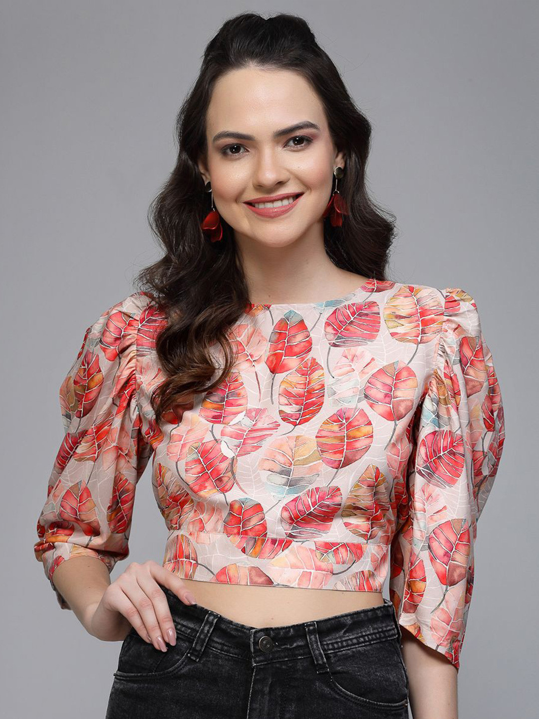 Fabway Clothing Floral Print Puff Sleeve Crepe Styled Back Crop Top