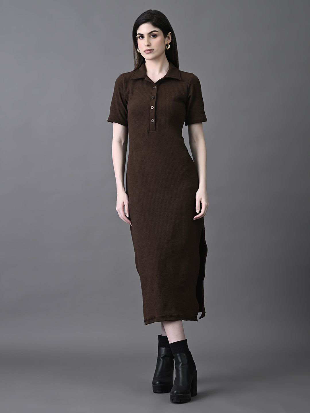 The Roadster Lifestyle Co Women Shirt Collar Side Slit A-Line Midi Dress