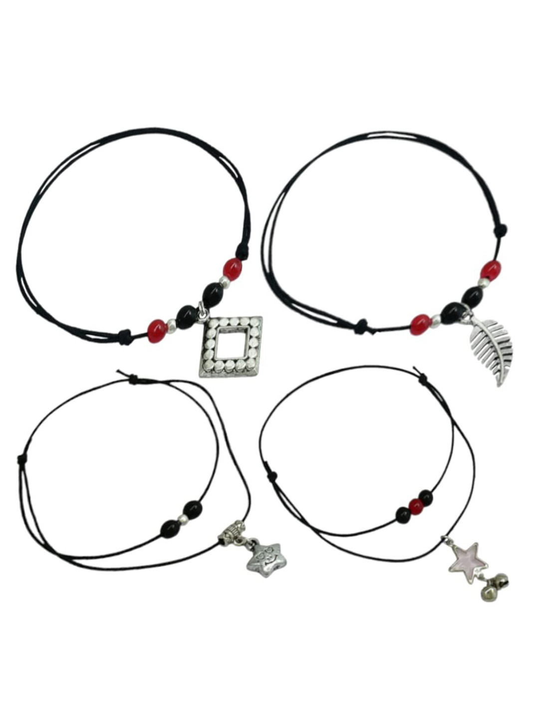 HIGH TRENDZ Pack Of 4 Black Thread Adjustable Knot Oxidised Beads Nazariya Anklet