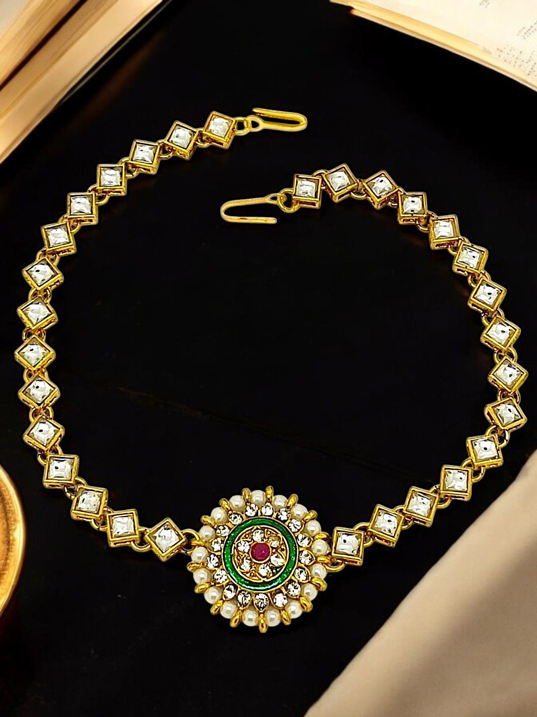 FEMMIBELLA Gold-Plated Kundan Studded Round Shape Matha Patti