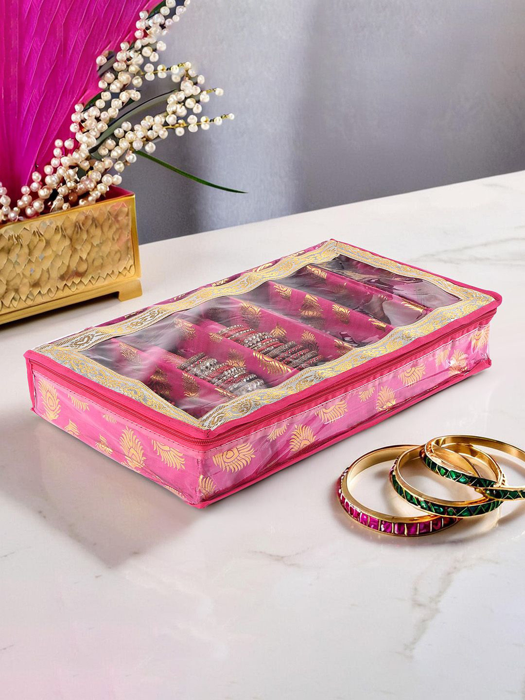 Kuber Industries Pink & Gold Toned Ethnic Motifs Printed 6-Rod Bangle Organiser