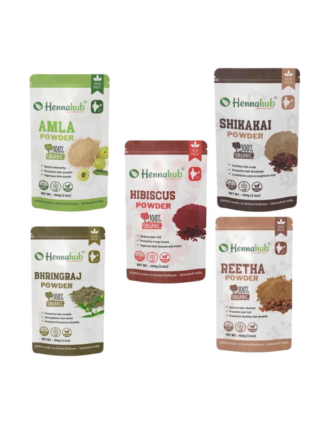 HENNAHUB Set Of 6 Amla,Reetha,Shikakai, Bhringraj & Hibiscus Powder Hair Mask - 100 g Each
