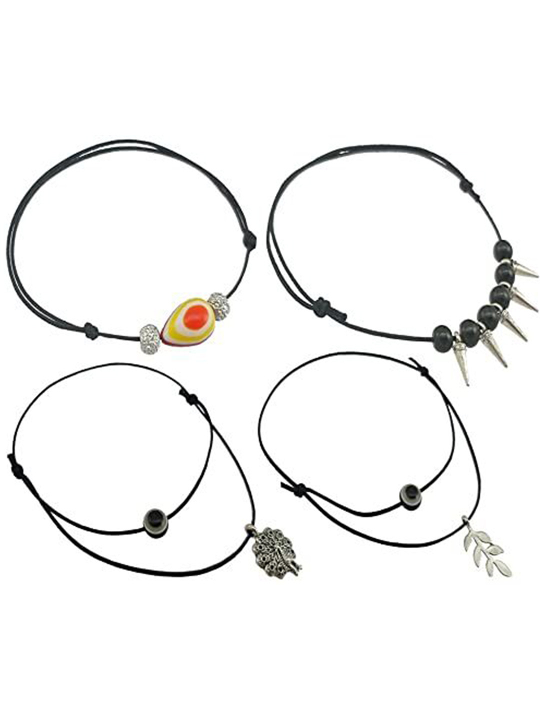HIGH TRENDZ 4 Pcs Combo Black Thread Knot with Oxidised Single Charms Adjustable Anklets