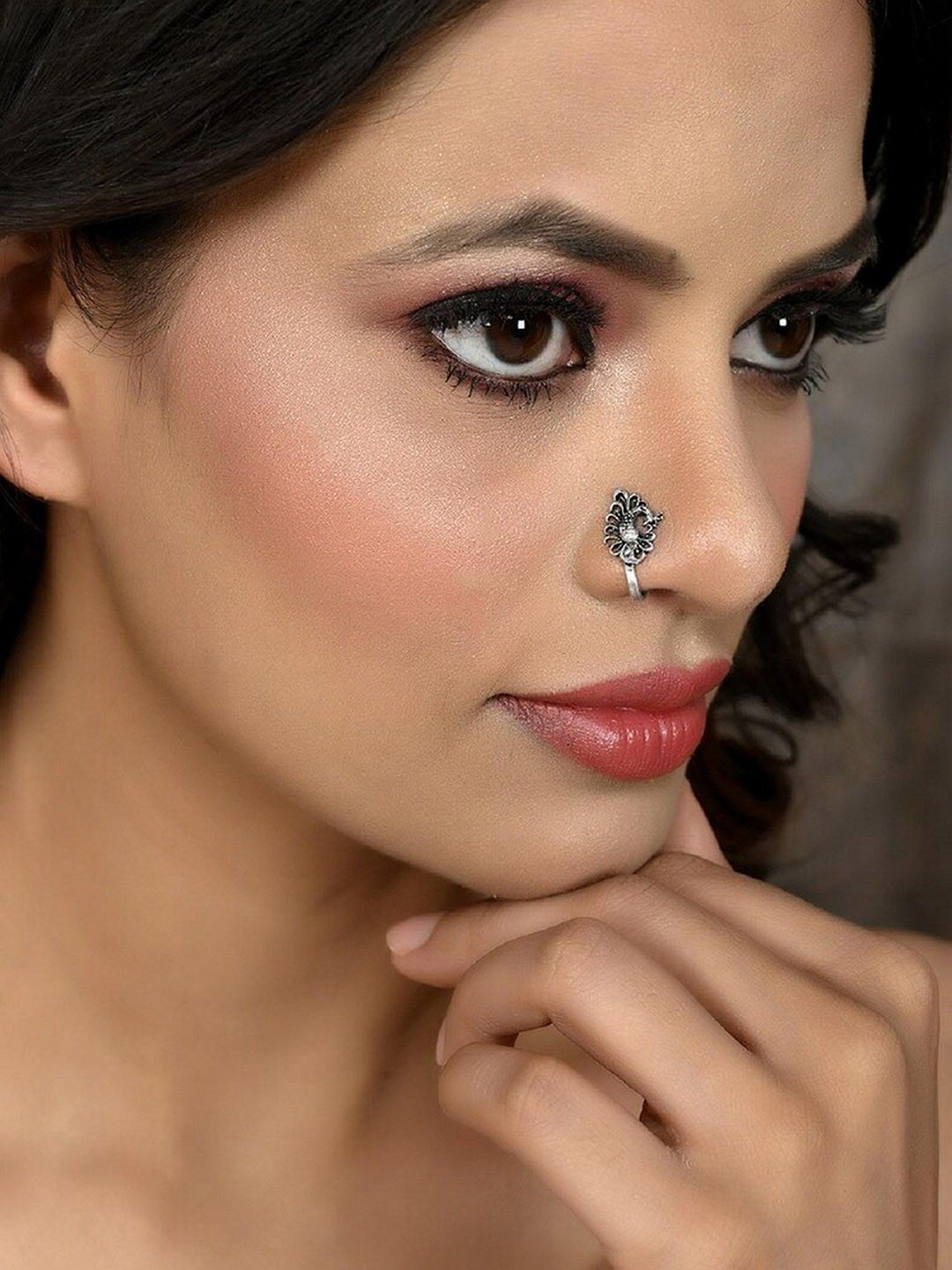 VAMA Women Set of 13 Pcs Silver Oxidised Clip on Without Non Piercing Nosepin