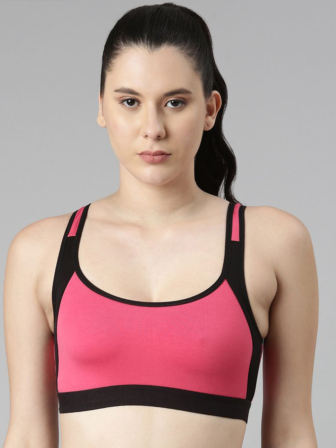 TWIN BIRDS Pink and Black Women Contrast Sports Bra