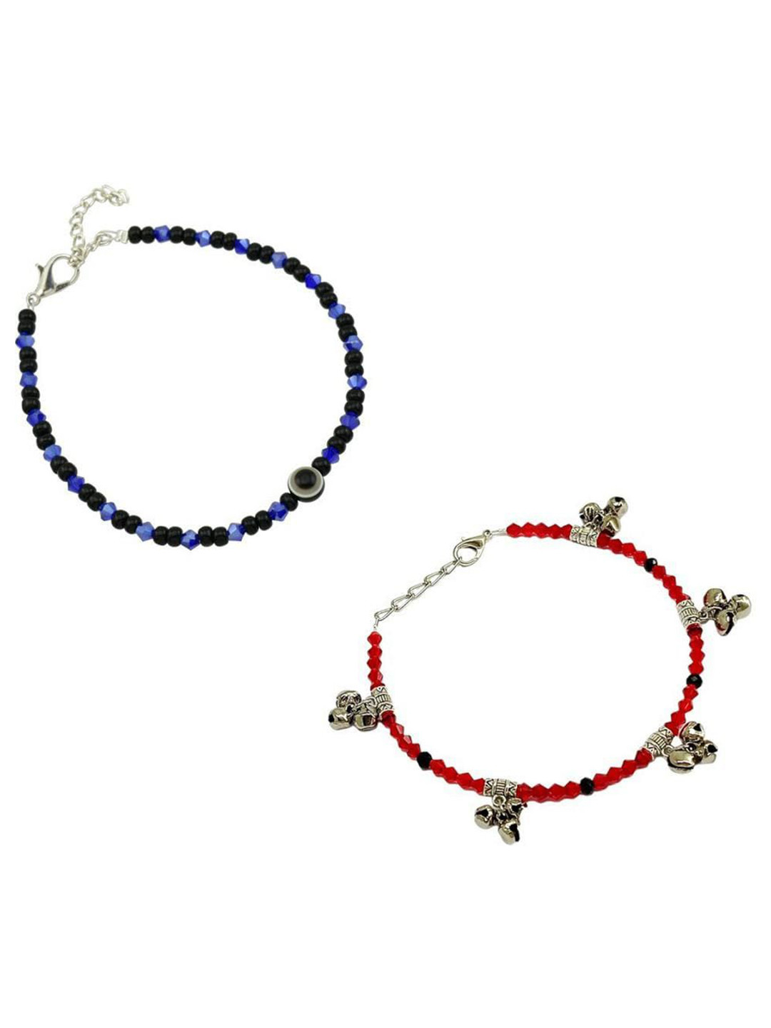 HIGH TRENDZ Set Of 2 Crystal & Beaded Single Leg Anklets