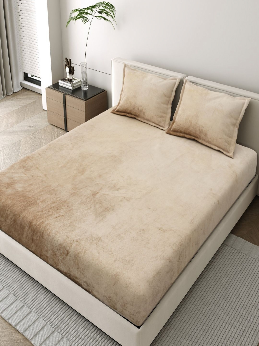 JAIPUR FABRIC Beige & Brown Woolen 400 TC King Bedsheet Set 2.74 m X 2.74 m