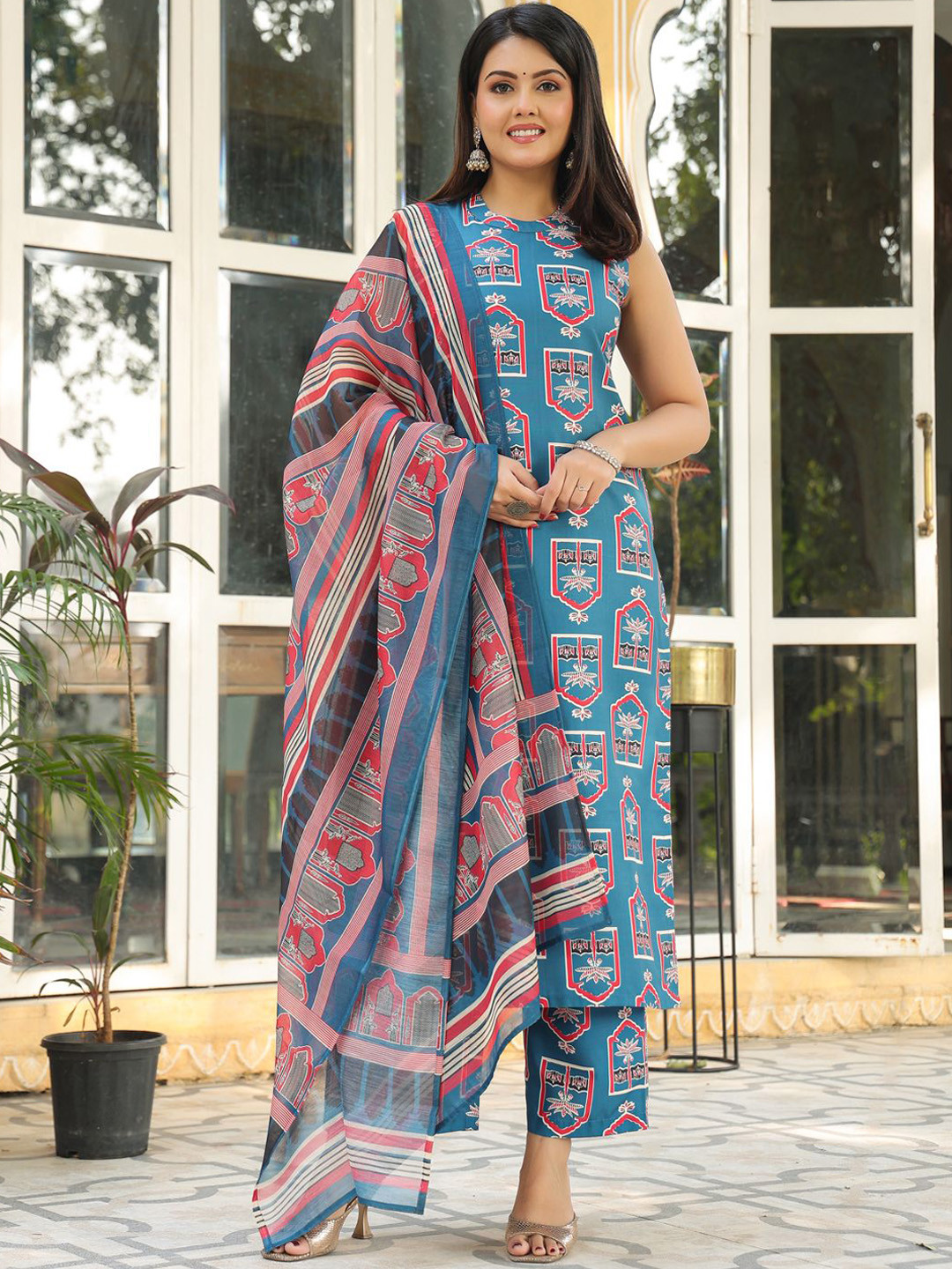 Anni Designer Floral Printed Sleeveless Straight Kurta With Palazzo & Dupatta