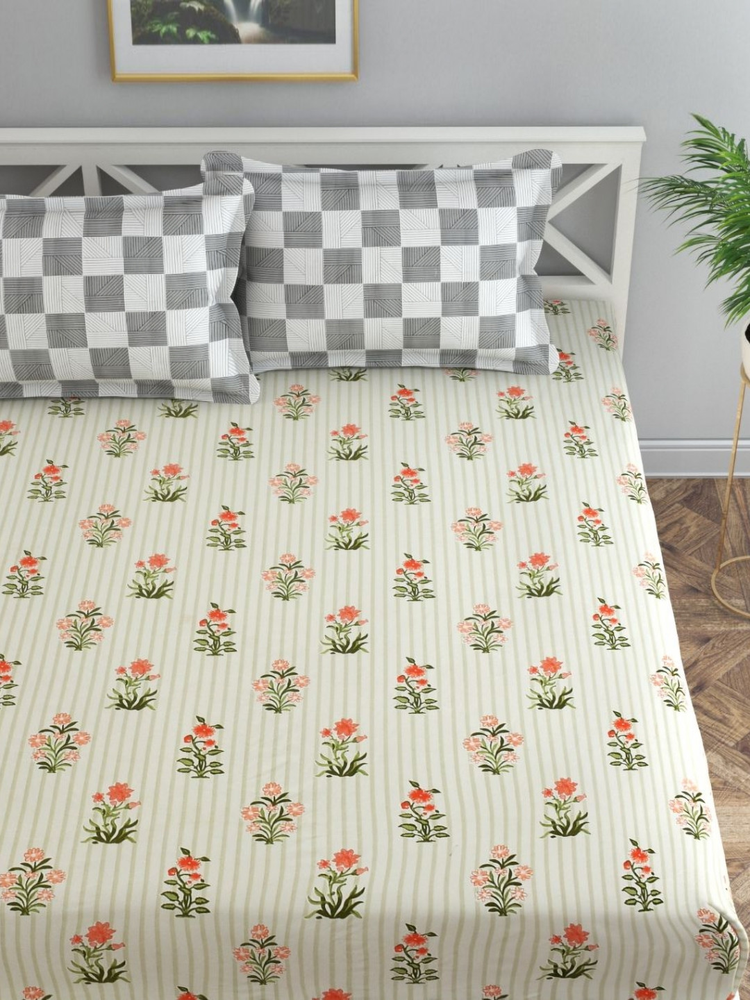 Florida Flyn Lime Green Floral Cotton 200 TC Fitted Queen Fine Bedsheet with 2 Pillow Covers-87 x 93 inches