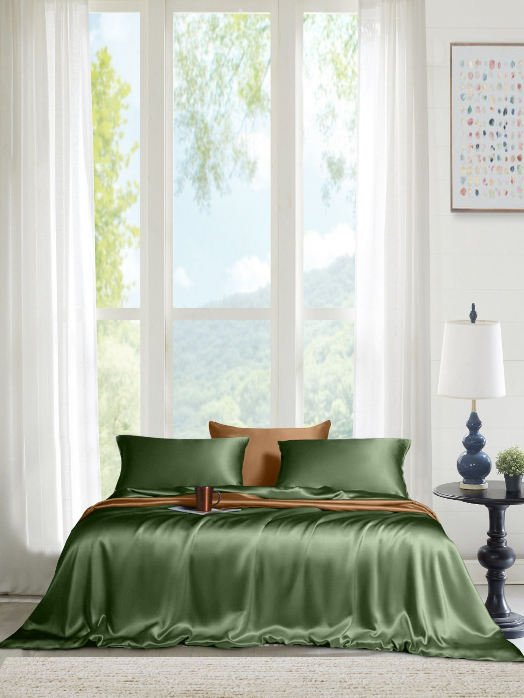 THE LINEN COMPANY Lime Green Solid Bamboo 300 TC Queen Fine Bedsheet with 2 Pillow Covers-229 x 254 cm