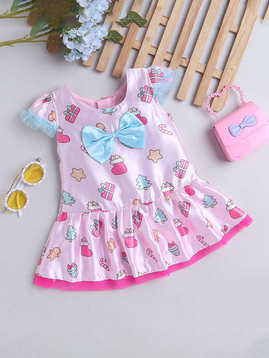 MANY FROCKS & Print Flutter Sleeve Satin Drop-Waist Dress