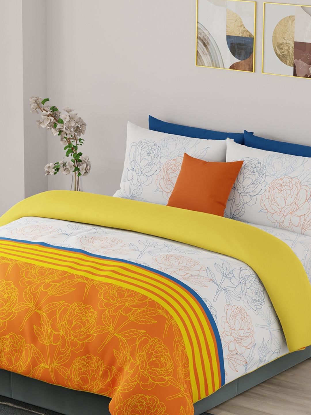 United Colors of Benetton Orange & White Floral Cotton Double Comforter