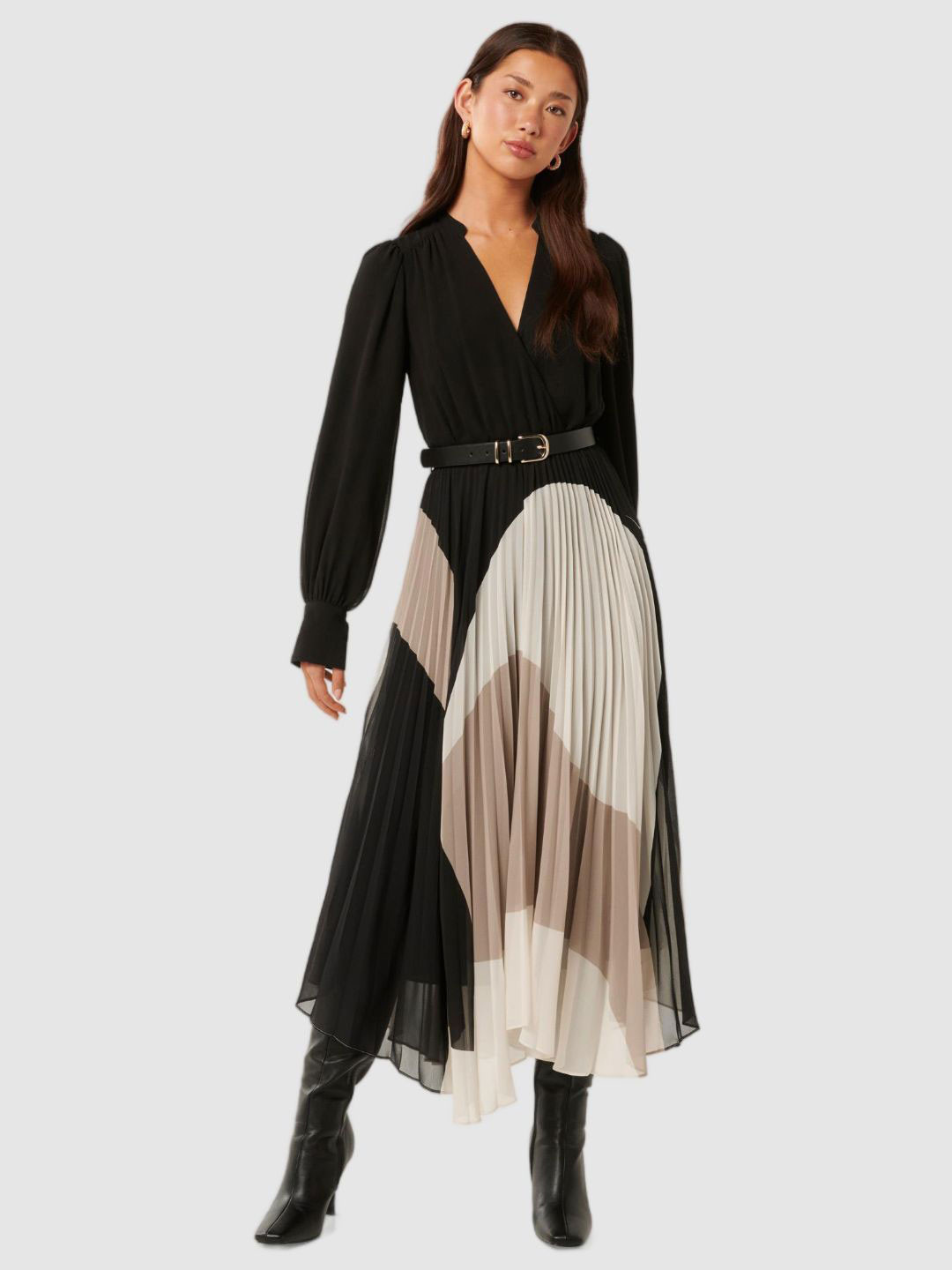 Forever New Colourblocked Bishop Sleeve Formal A-Line Midi Dress