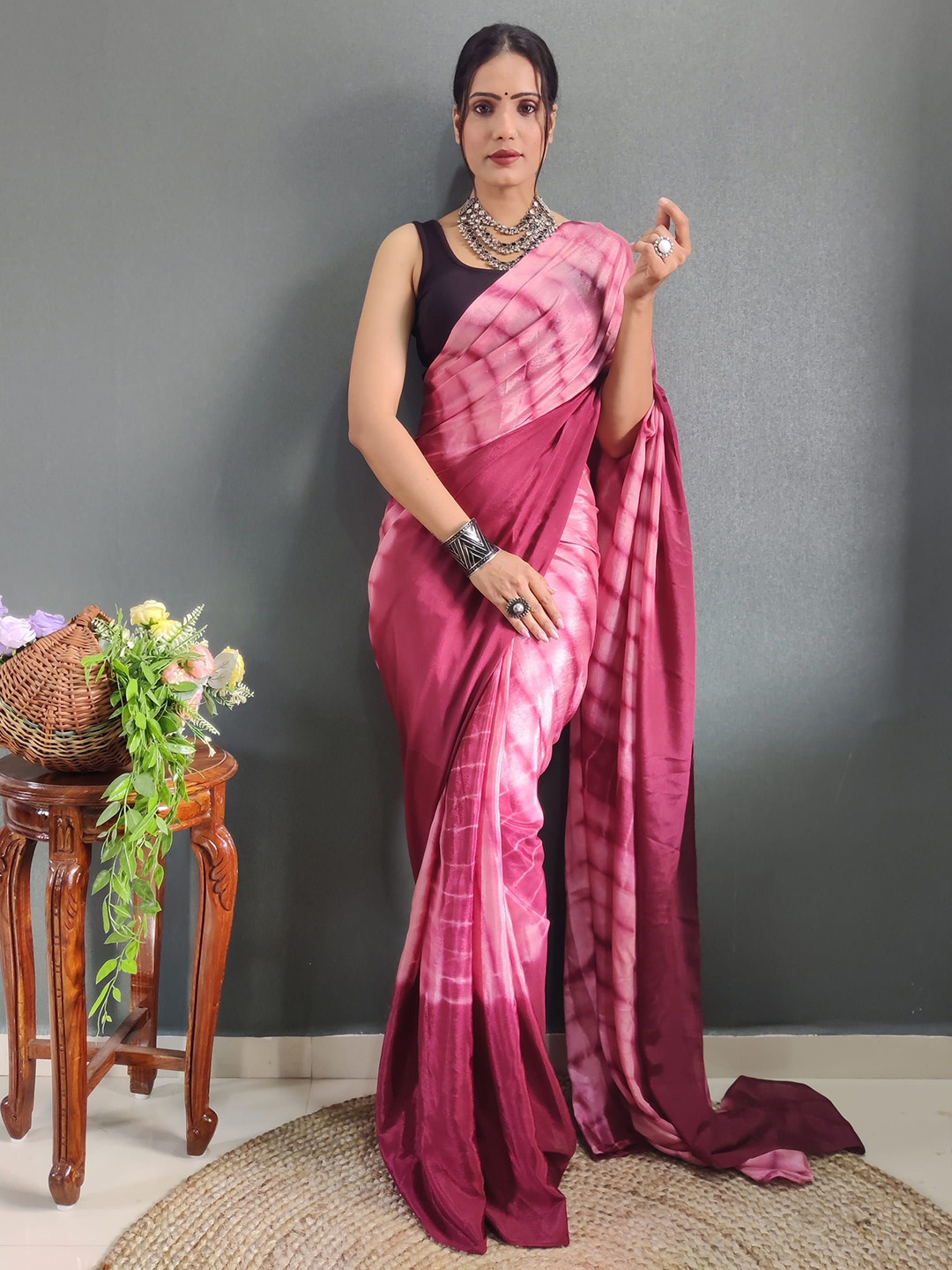 KAYOMMI Satin Tie and Dye Satin Ready to Wear Saree