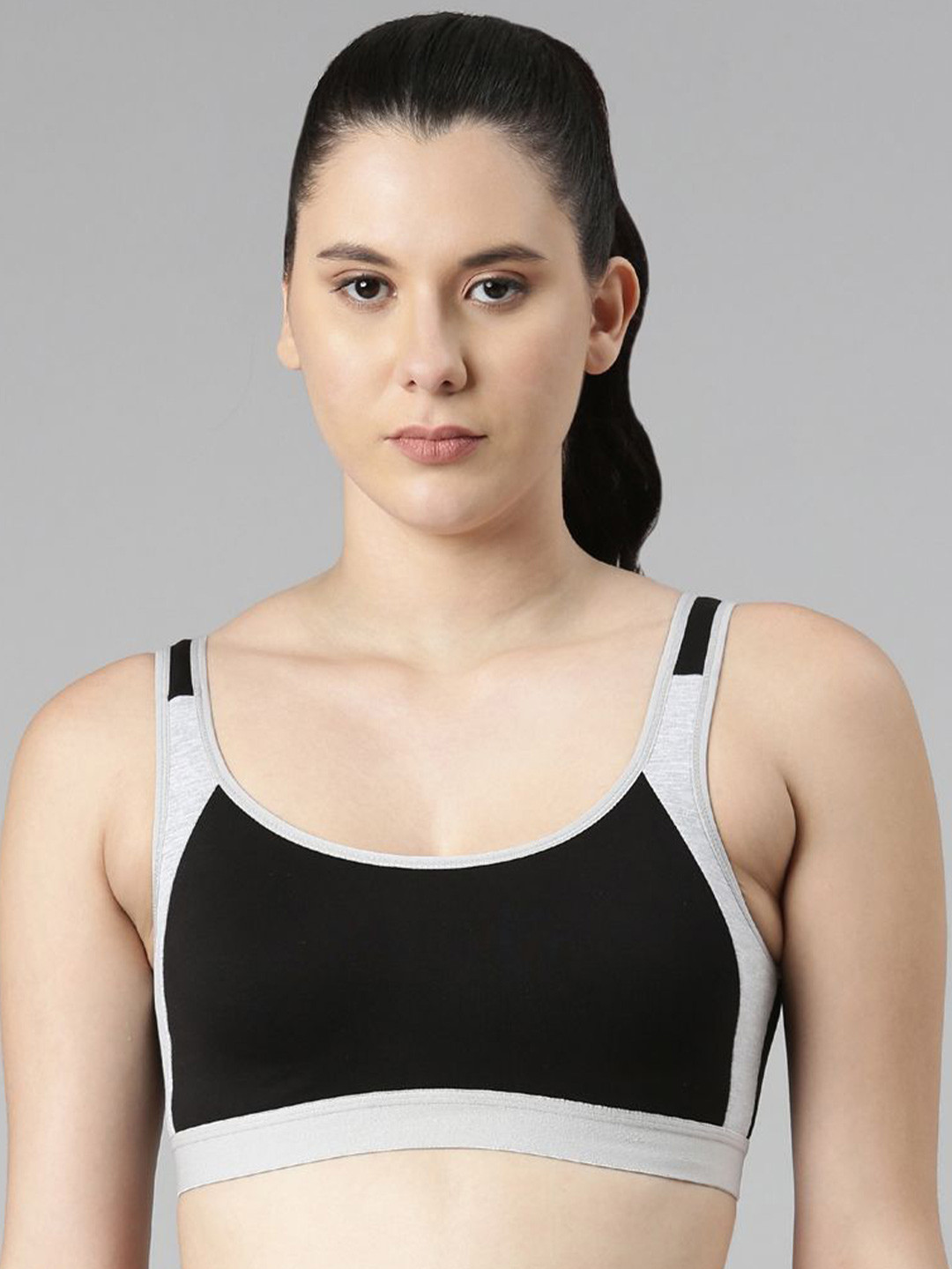 TWIN BIRDS Black and Light Grey Women Contrast Sports Bra