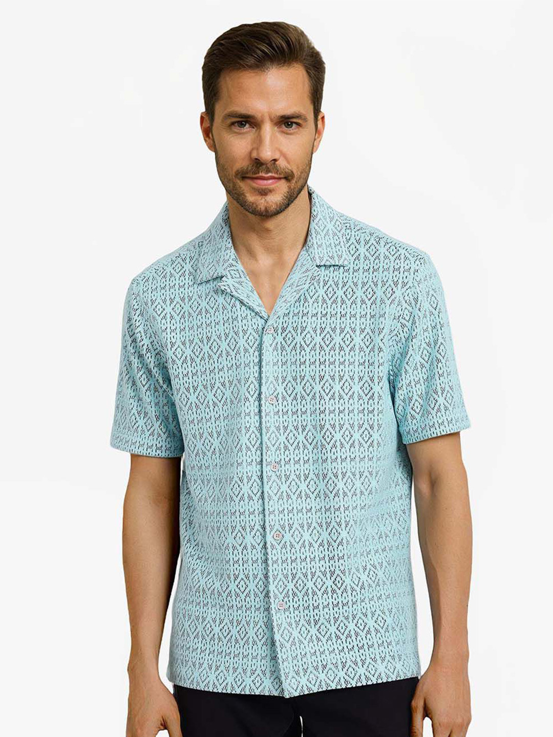 RARE RABBIT Men Comfort Cuban Collar Self Design Cotton Boxy Casual Shirt