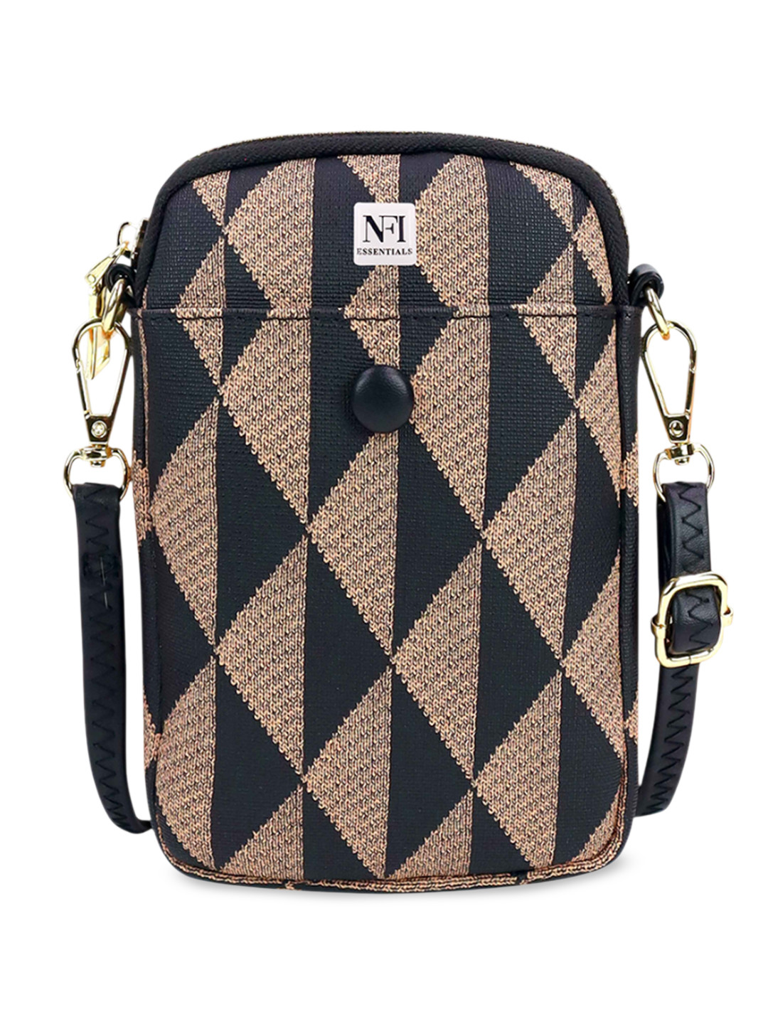 NFI essentials Geometric Printed PU Structured Sling Bag with Cut Work