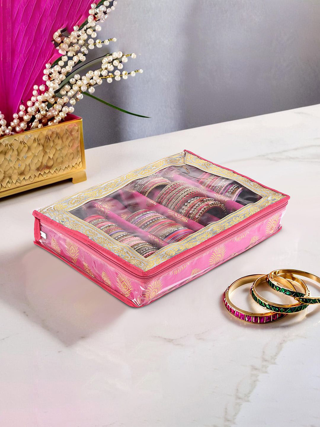 Kuber Industries Pink & Gold Toned Ethnic Motifs Printed 4-Rod Bangle Organiser