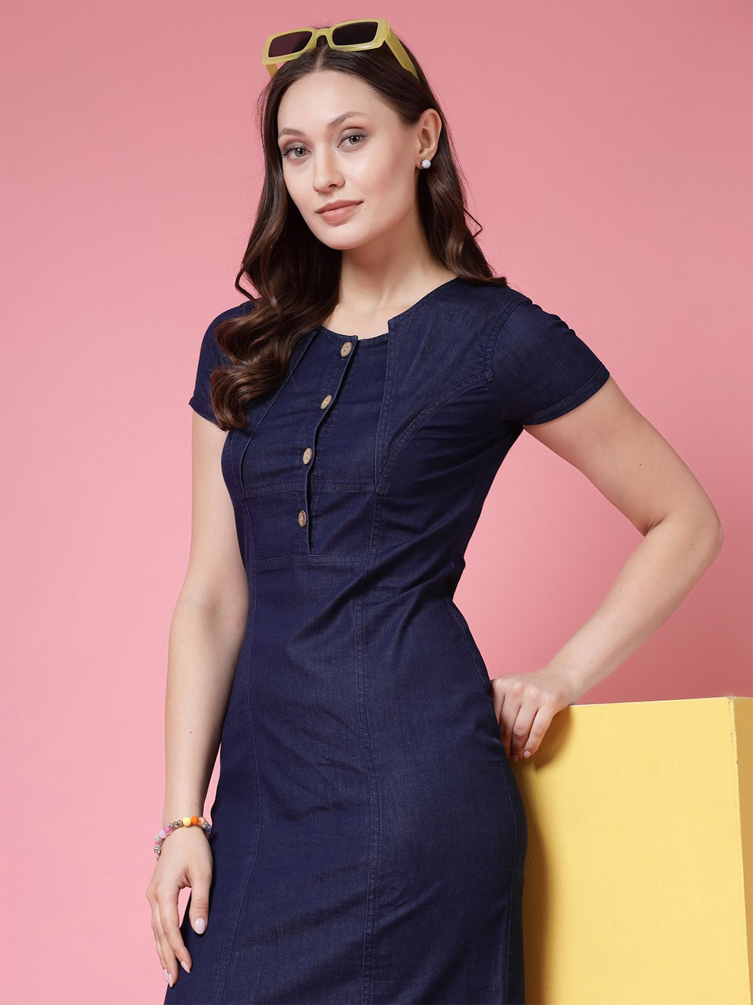 BEING NAUGHTY Women Cotton Cape Sleeve Denim A-Line Dress