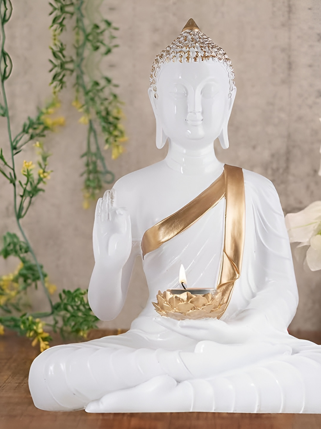 Zart Candal Samadhi Buddha White Polyresin Matte Living Room Medium Showpiece - 15 Inches