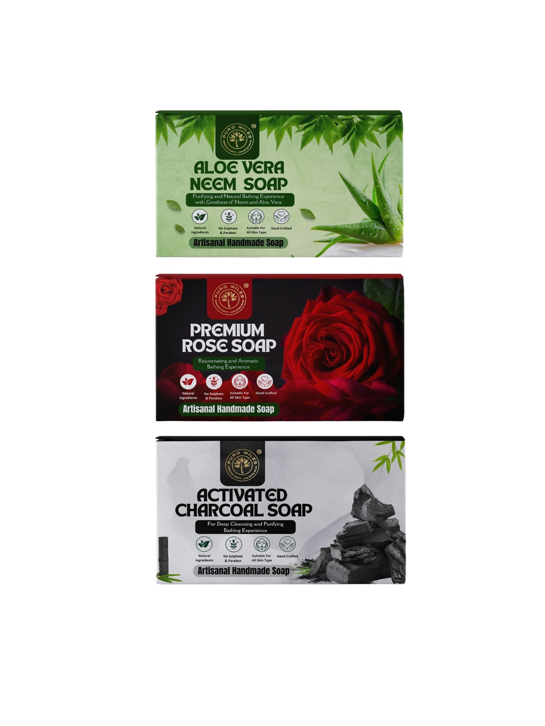 Puro Miles Set Of 3 Aloevera Neem - Premium Rose & Activated Charcoal Soap- 100 g Each