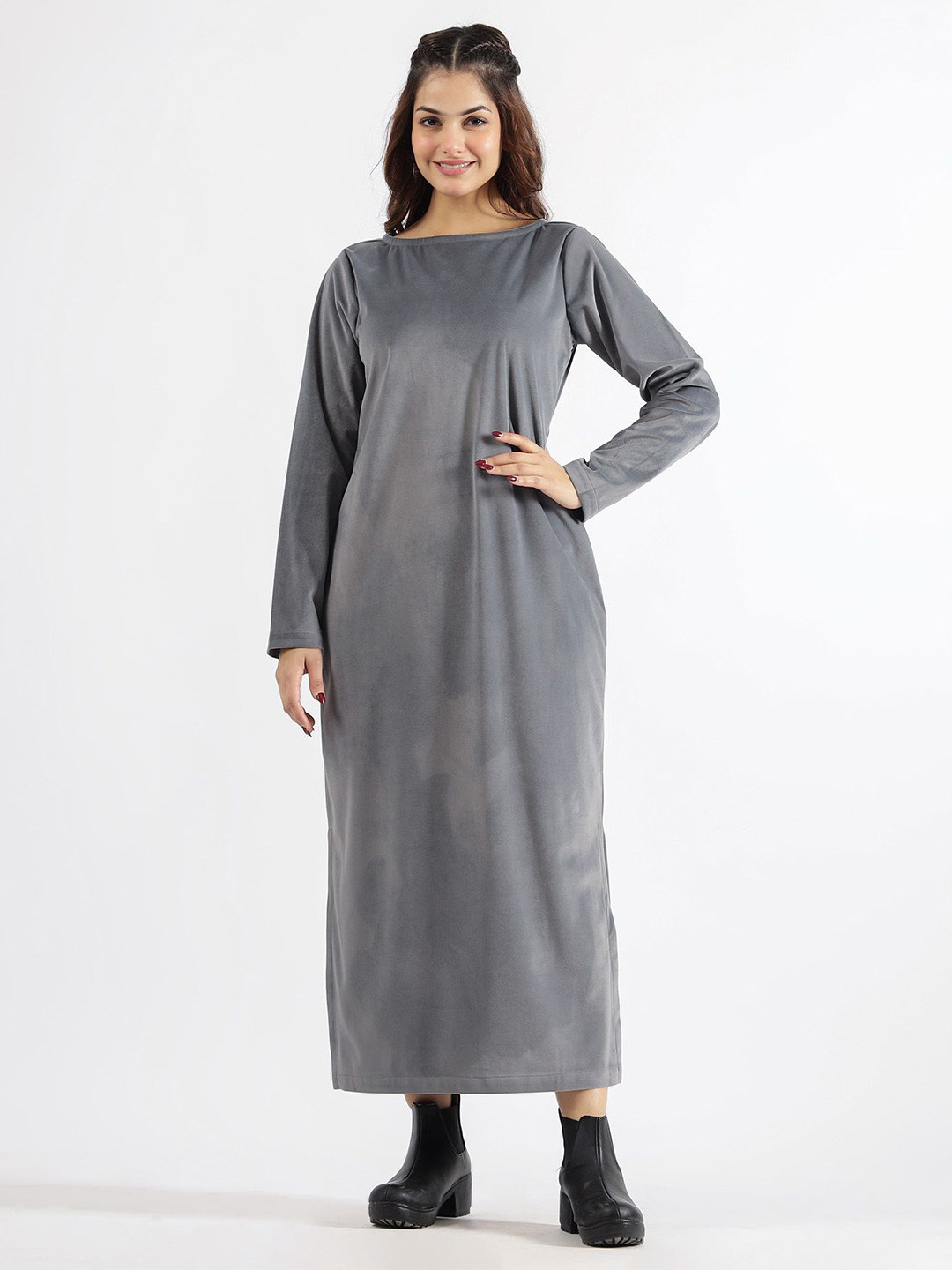 FLAVIA CREATION Velvet Boat Neck Maxi Dress