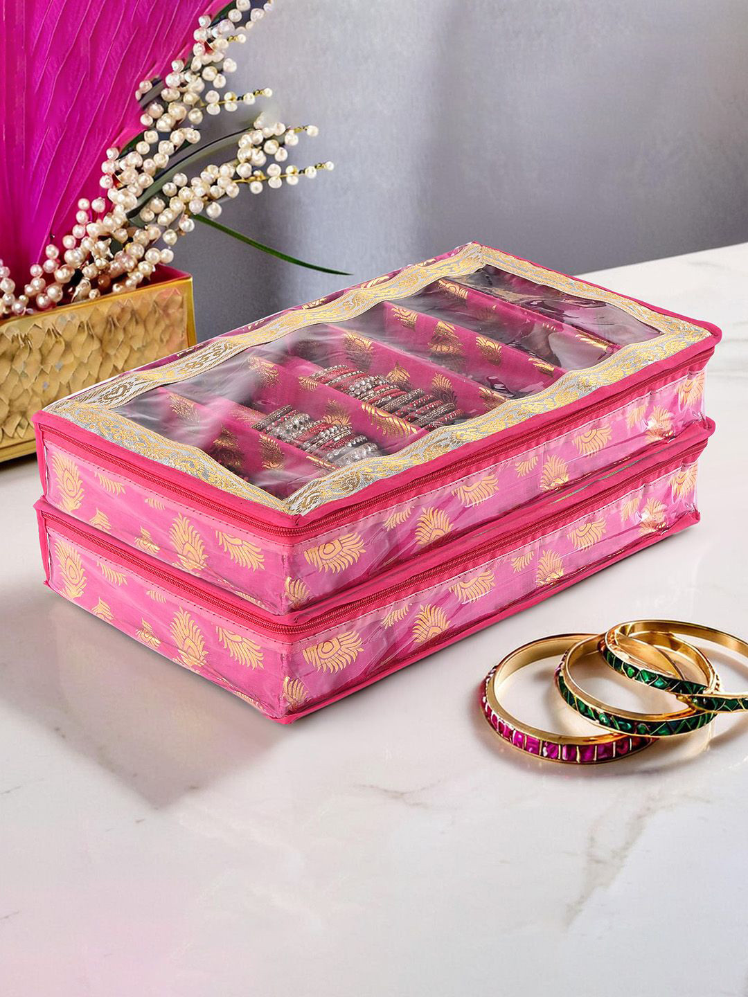 Kuber Industries Pink & Gold Toned 2 Pieces Ethnic Motifs Printed 6-Rod Bangle Organiser