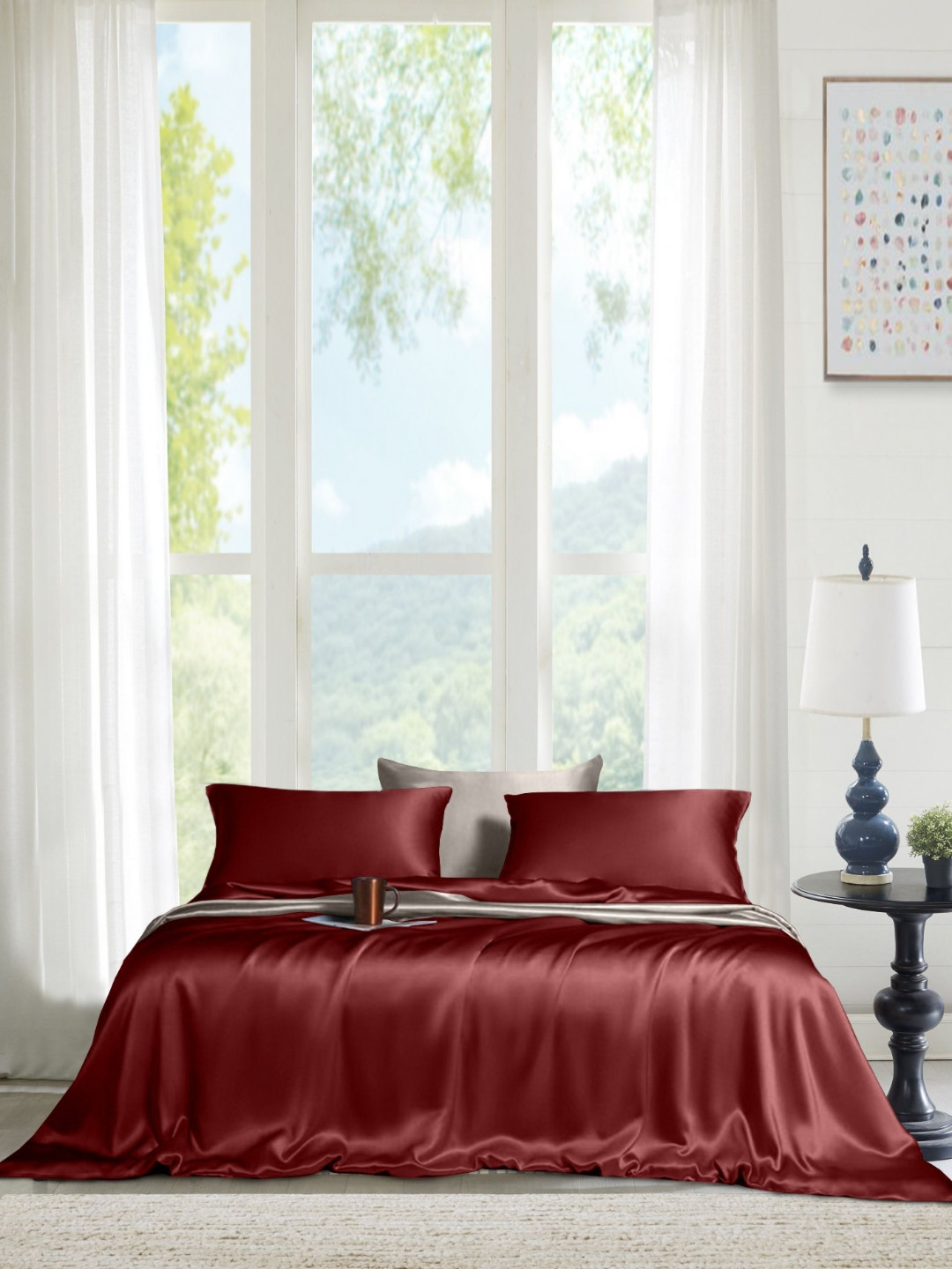 THE LINEN COMPANY Winter Collection Maroon Solid Cotton 300 TC Single Fine Bedsheet with a Pillow Cover-152 x 228 cm