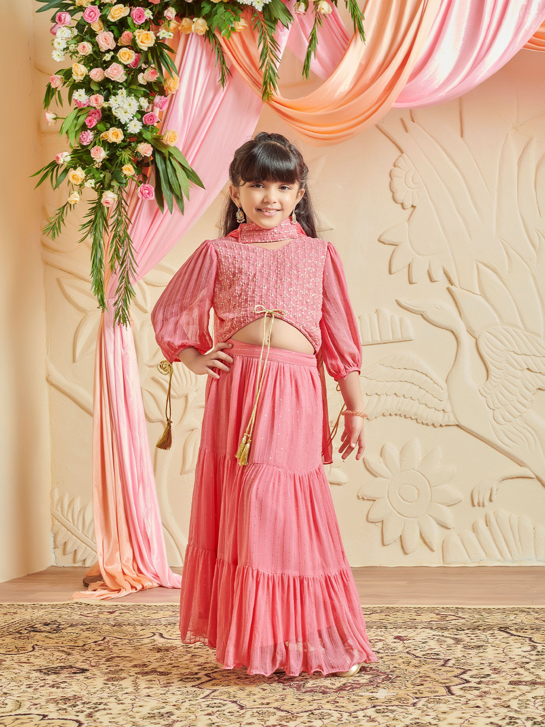 MASTARANG Girls Embroidery Crop And Lehenga With Mock Tie Up At Sleeves