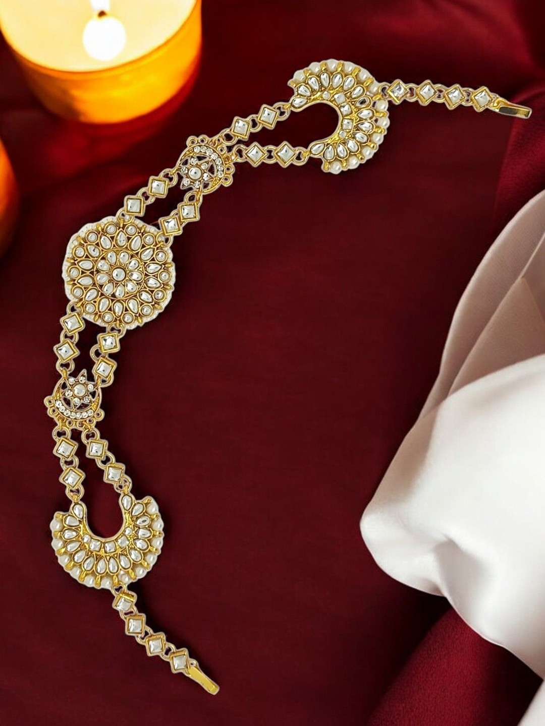 FEMMIBELLA Gold-Plated Kundan Studded Layered Matha Patti