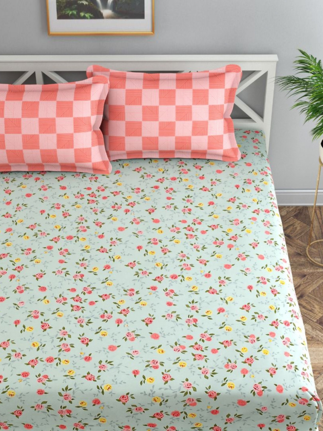Florida Florida Flyn Sea Green Floral Cotton 200 TC Fitted Queen Fine Bedsheet with 2 Pillow Covers-72 x 78 inches