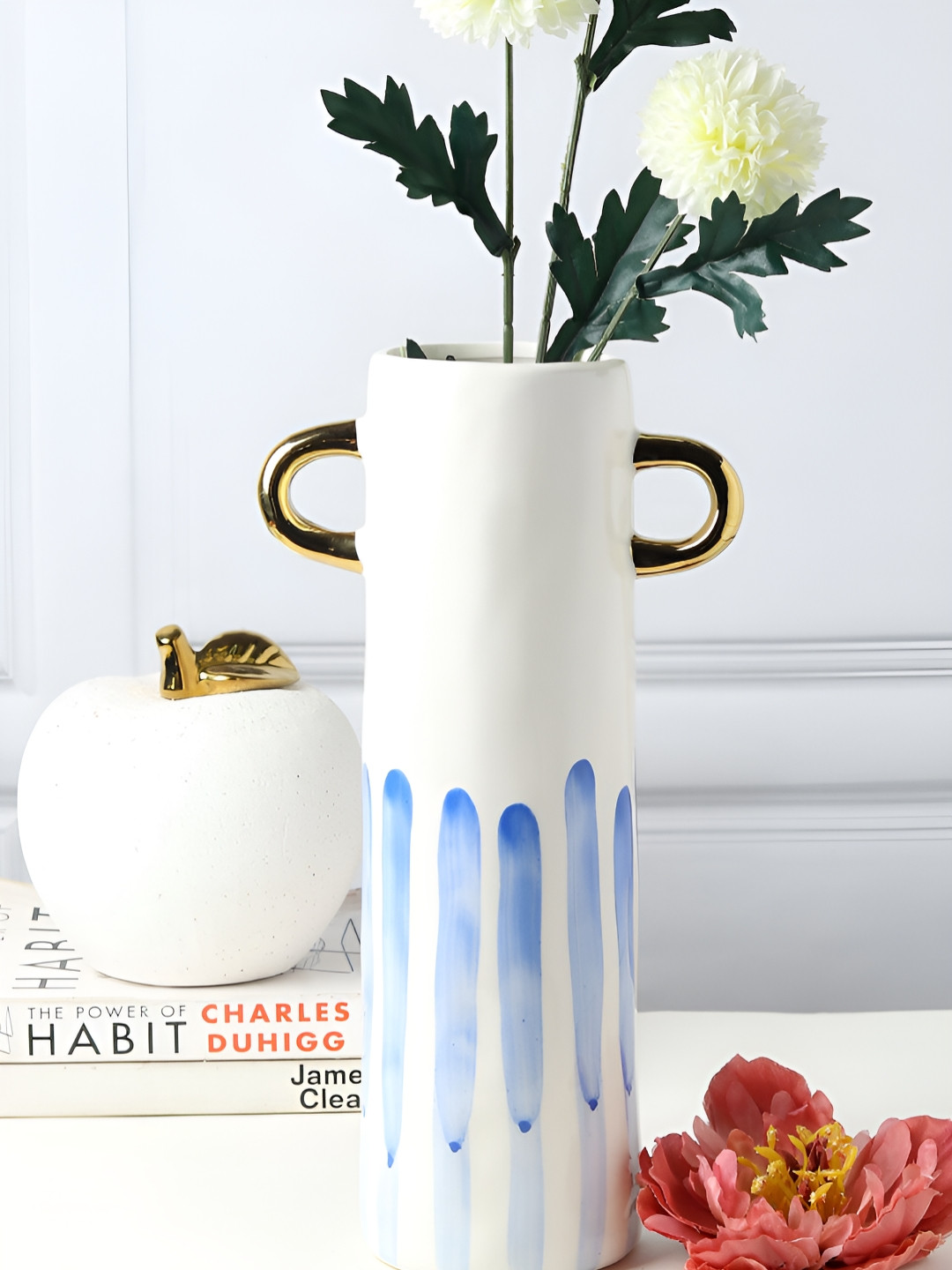 HABERE INDIA White & Blue Printed Ceramic FlowerVase