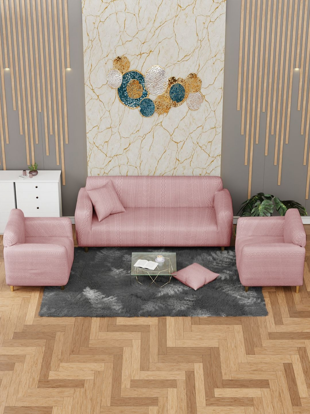 Myntra Elegant Homes Pink Zigzag Printed Jacquard 5 Piece Sofa Cover With Arms