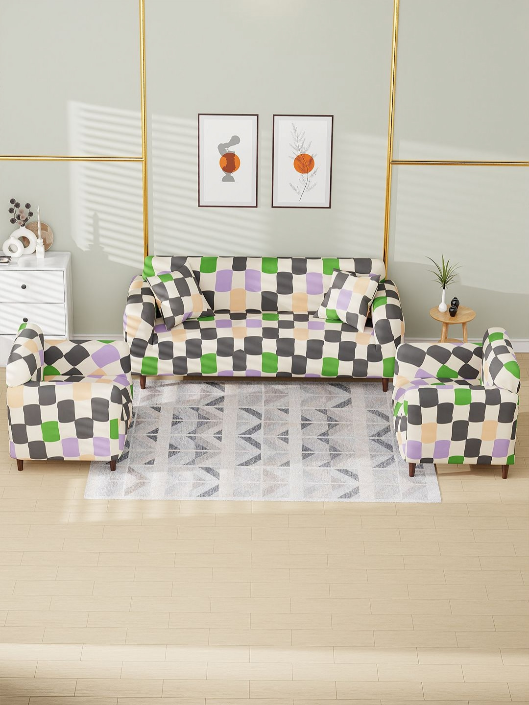 Myntra Elegant Homes Green & Black Geometric Printed 5 Seater Sofa Cover With Arms