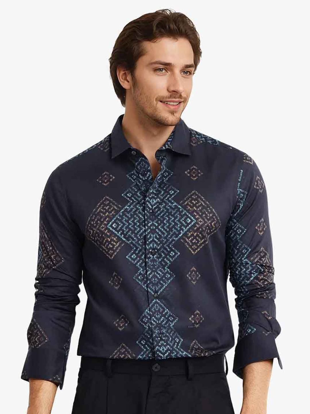 RARE RABBIT MOSAC-1 Men Comfort Spread Collar Geometric Printed Cotton Casual Shirt