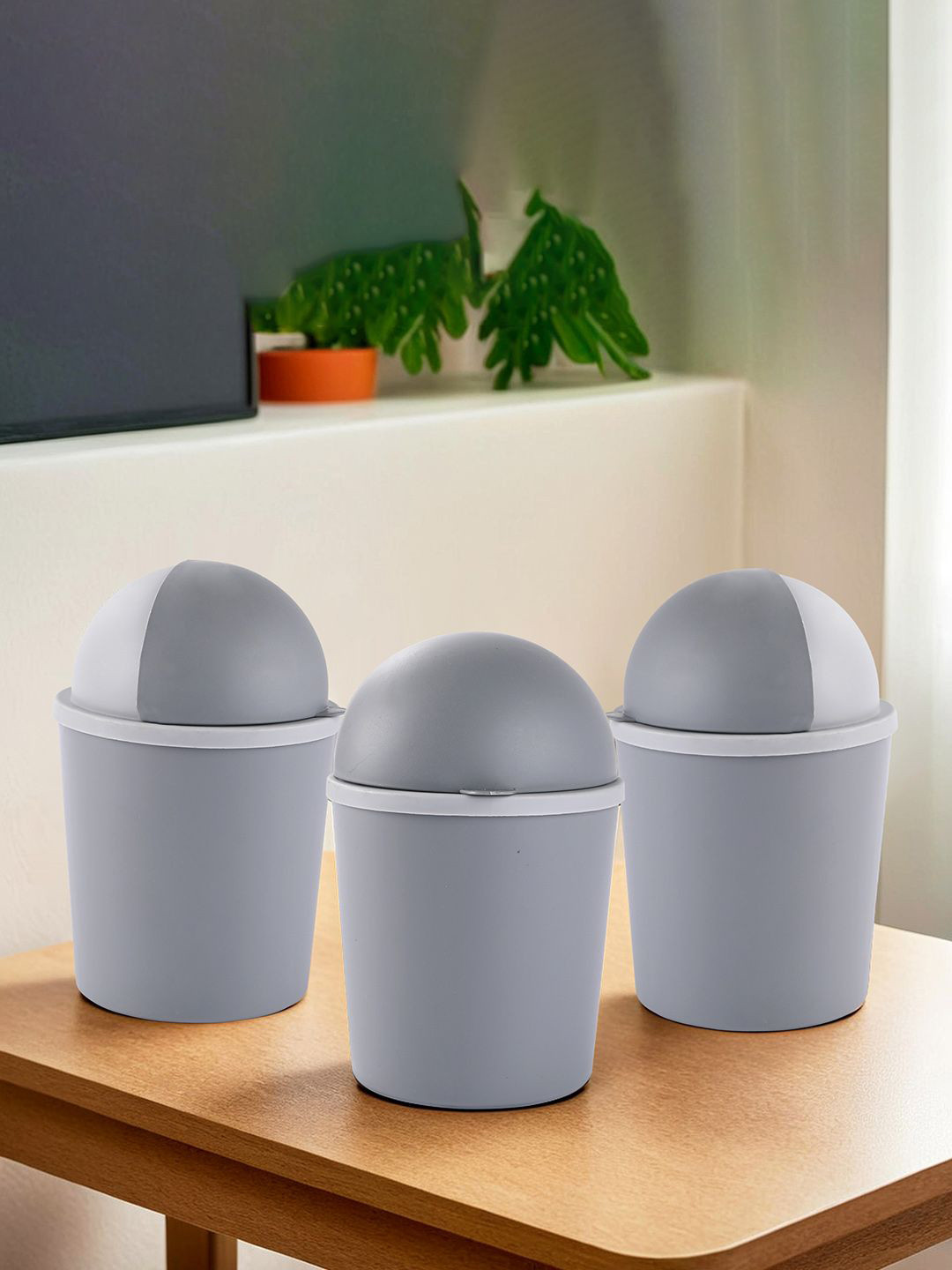 Kuber Industries 3 Pcs Grey Portable Small 1 Ltr Table Dustbin for Home Office & Lid Pedal
