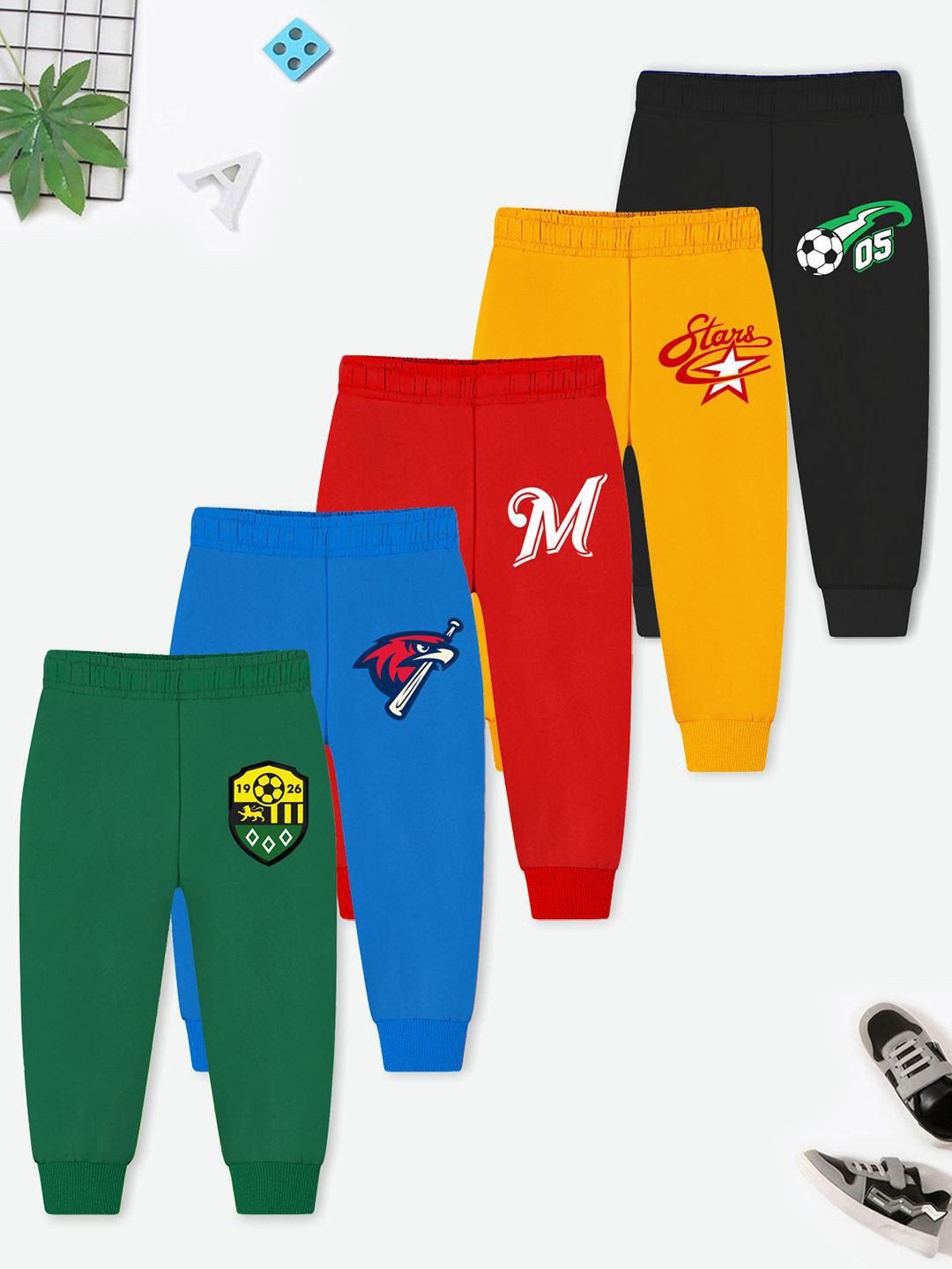 YK X Trampoline Kids Unisex Pack Of 5 Graphic Printed  Joggers Track Pants