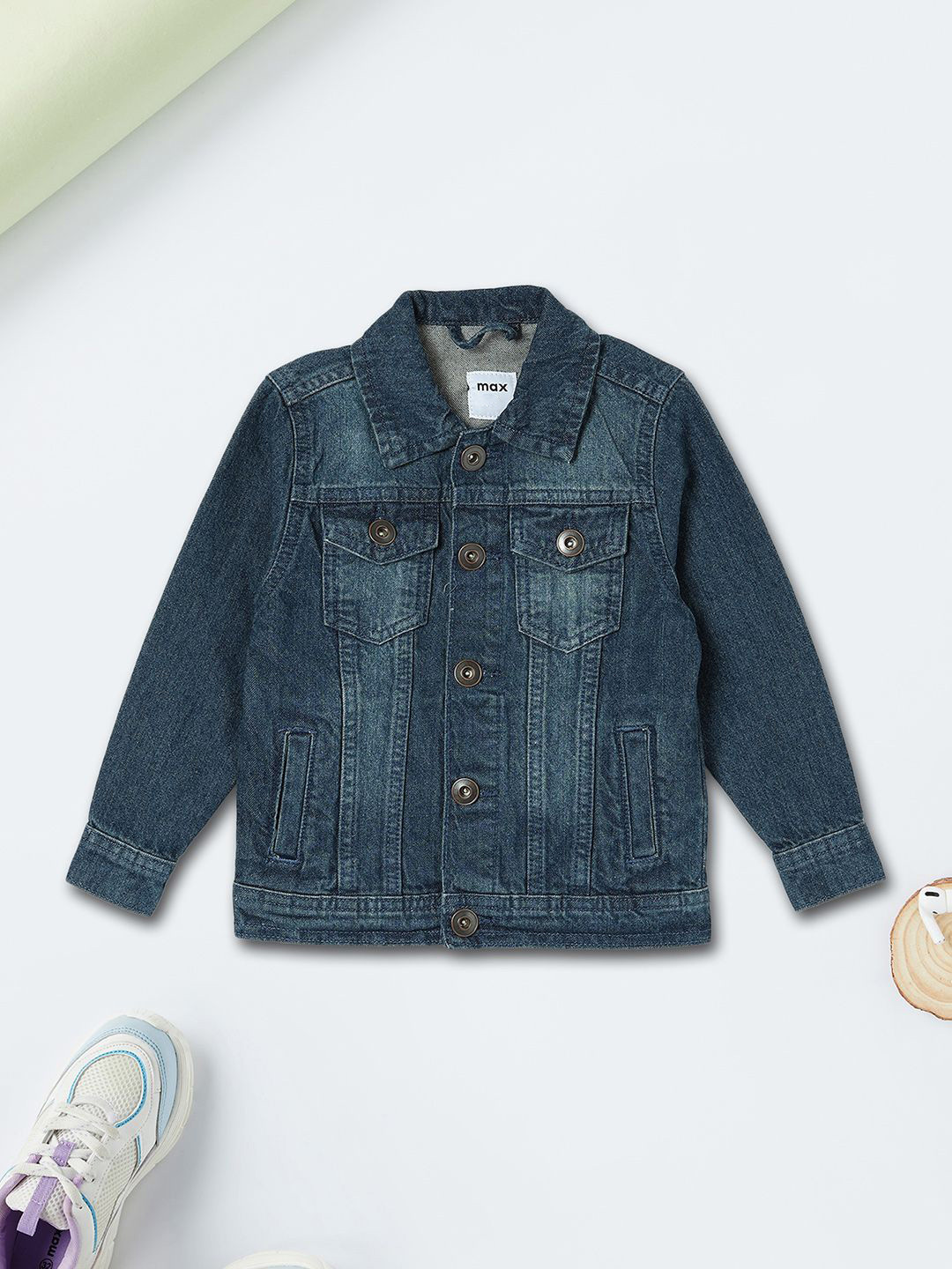 max Boys Washed Checked Polyester Denim Jacket with Patchwork