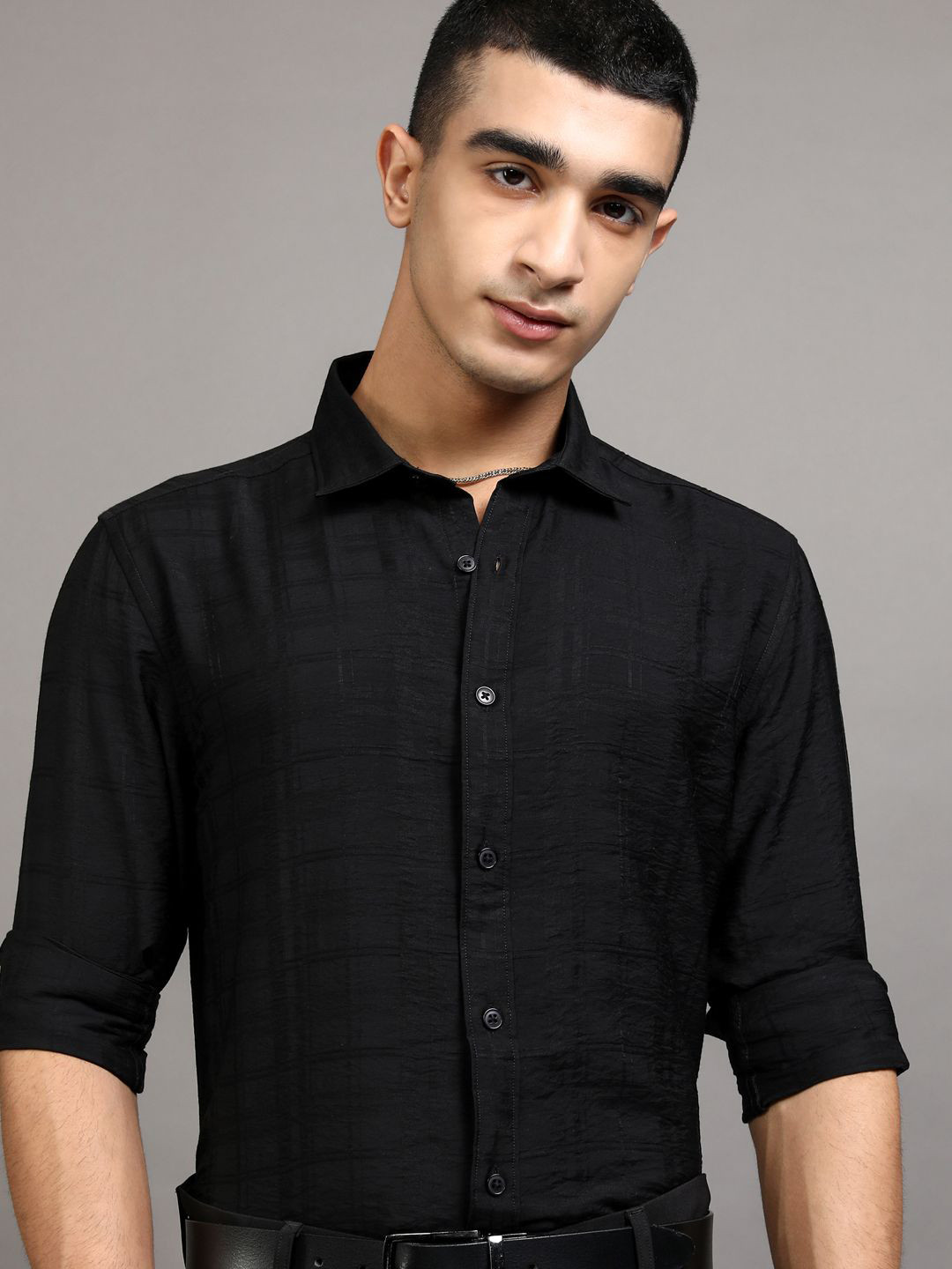 HIGHLANDER Men Jacquard Textured Checked Occasion Shirt