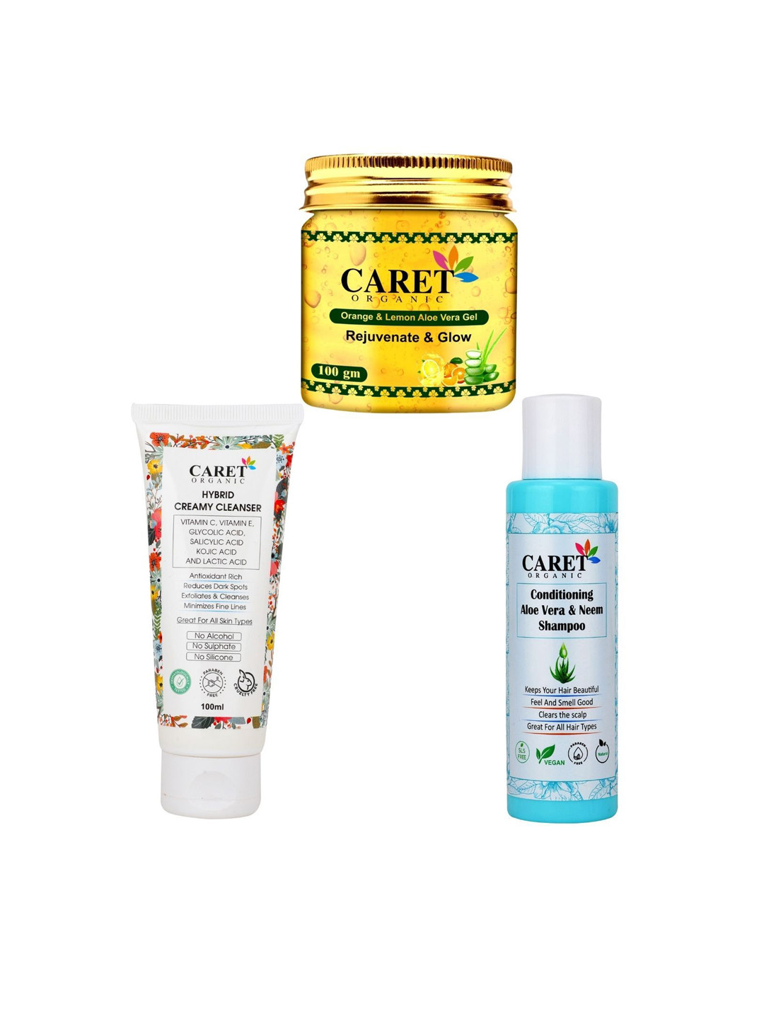 CARET ORGANIC Set Of 3 Aloevera Gel-100gm With Cleanser Face Wash-100ml & Shampoo-100ml
